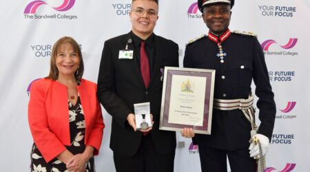 Young Active Citizen Award Recipient Reice James with Principal Lisa Capper MBE and Lord Lieutenant Derrick Anderson CBE