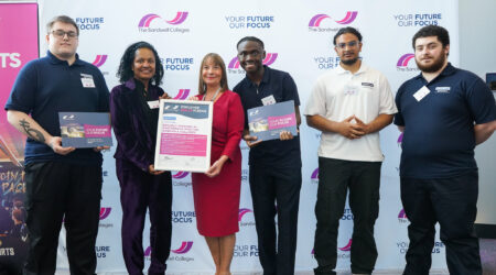 Principal Lisa Capper with Sonia Smalling and hydra Power T Level students